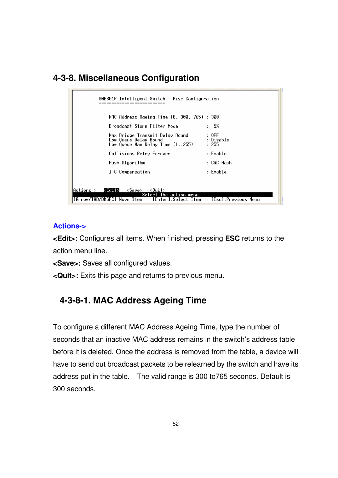 Milan Technology MIL-SME801GLX, MIL-SME801P, MIL-SME801GSX manual Miscellaneous Configuration, MAC Address Ageing Time 