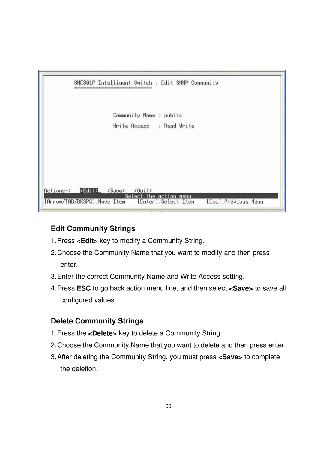 Milan Technology MIL-SME801P, MIL-SME801GLX, MIL-SME801GSX manual Edit Community Strings, Delete Community Strings 