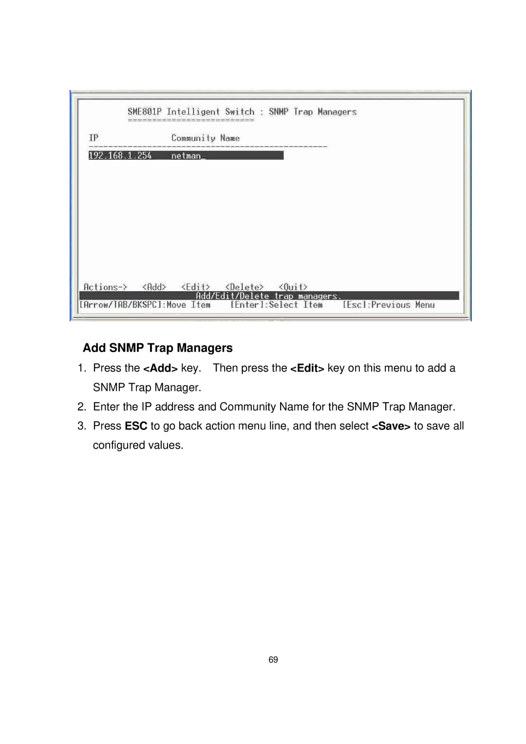 Milan Technology MIL-SME801P, MIL-SME801GLX, MIL-SME801GSX manual Add Snmp Trap Managers 