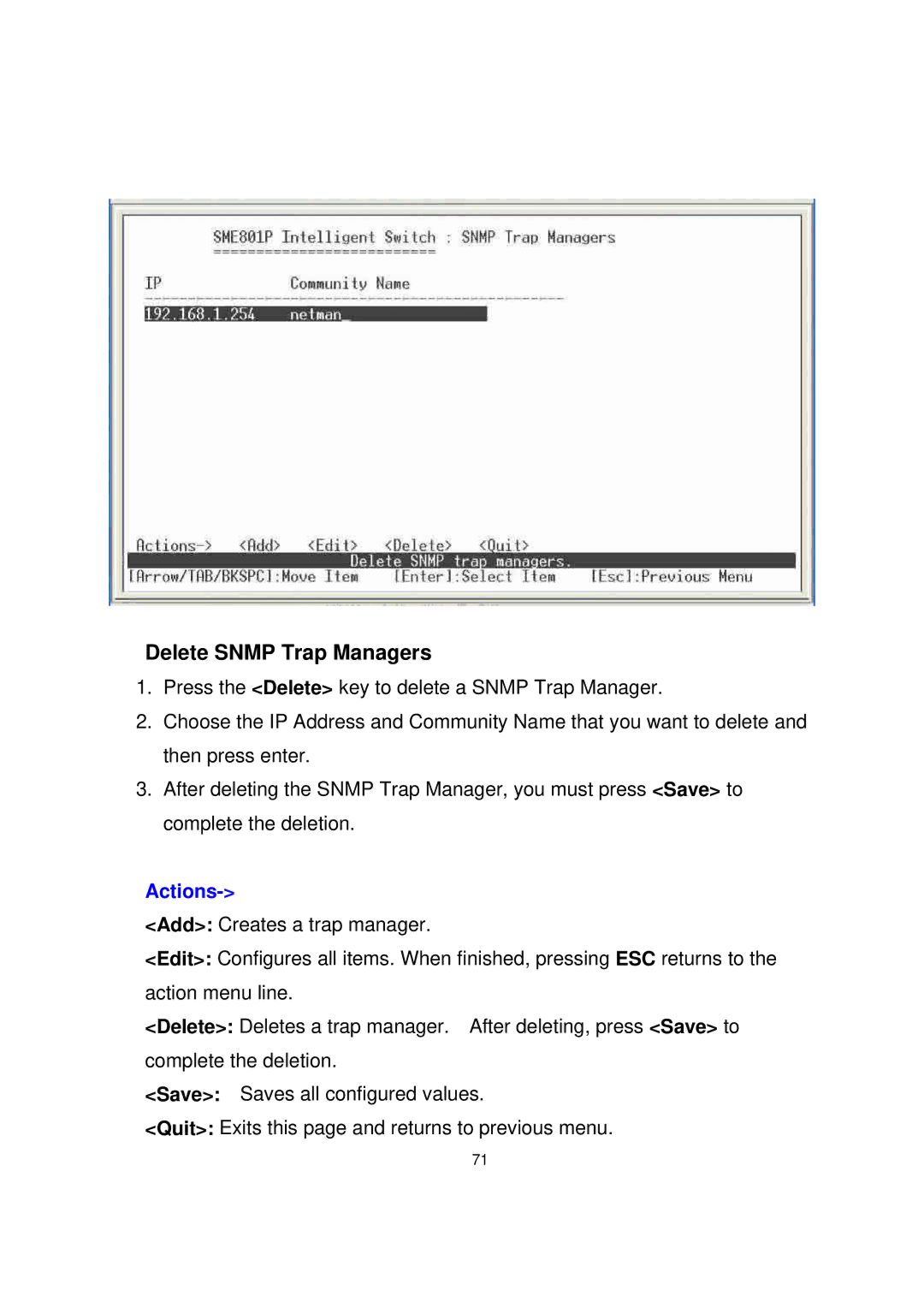 Milan Technology MIL-SME801GSX, MIL-SME801P, MIL-SME801GLX manual Delete Snmp Trap Managers 