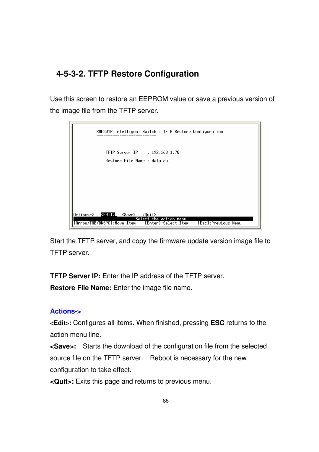 Milan Technology MIL-SME801GSX, MIL-SME801P, MIL-SME801GLX manual Tftp Restore Configuration 