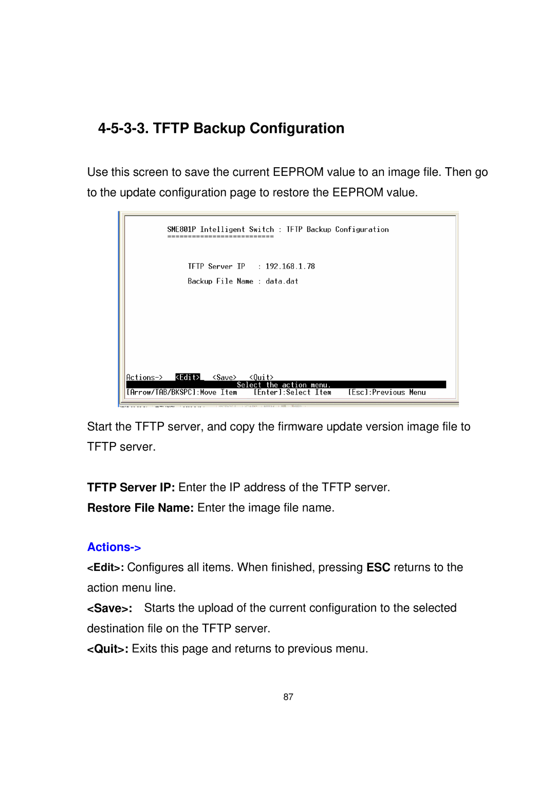 Milan Technology MIL-SME801P, MIL-SME801GLX, MIL-SME801GSX manual Tftp Backup Configuration 