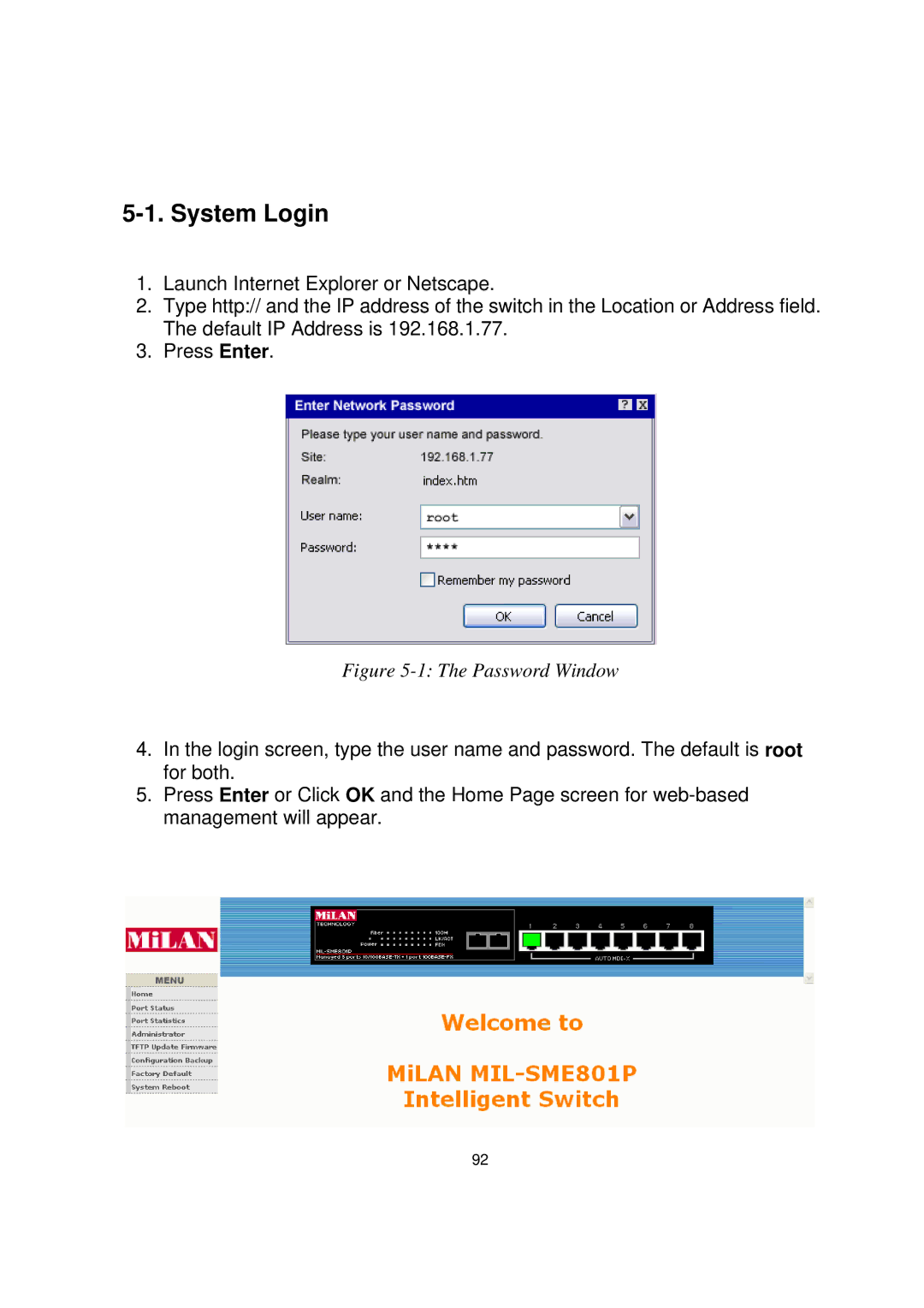 Milan Technology MIL-SME801GSX, MIL-SME801P, MIL-SME801GLX manual System Login, Password Window 