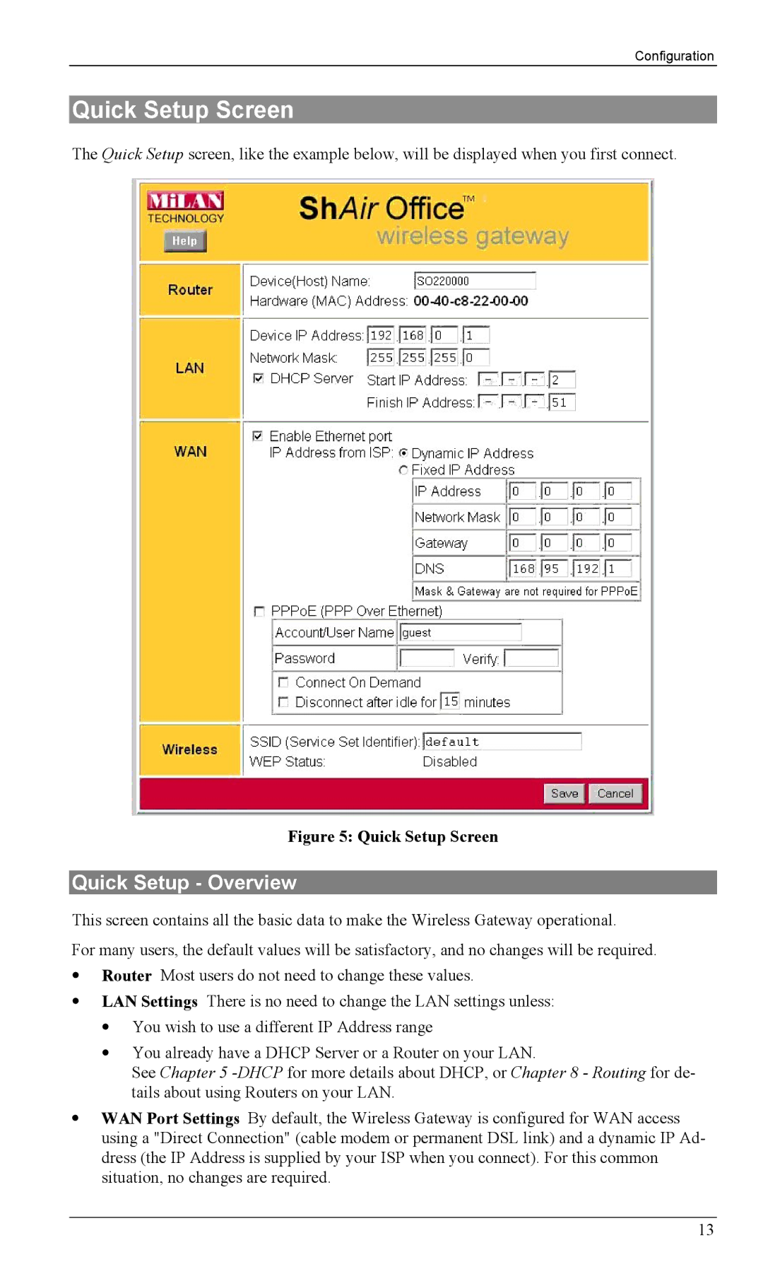 Milan Technology MIL-W1311, MIL-W0311 manual Quick Setup Screen, Quick Setup Overview 