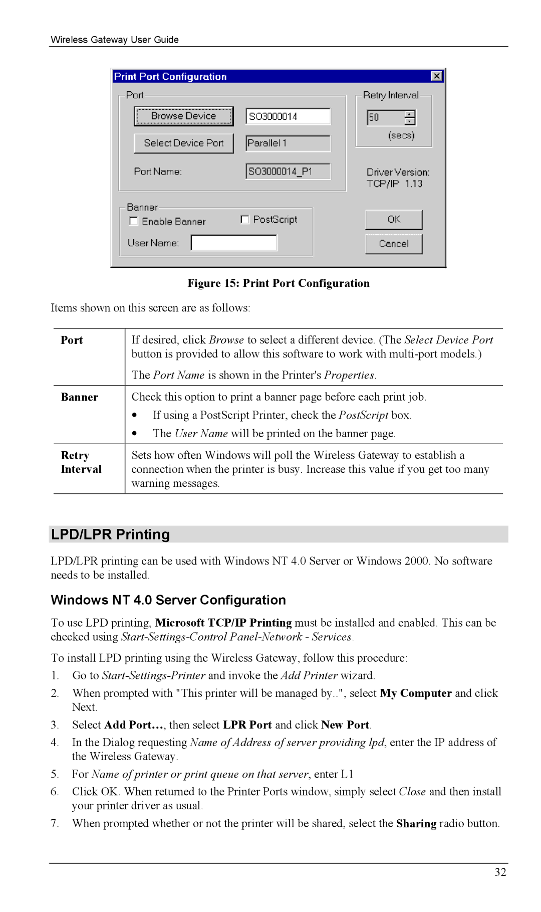 Milan Technology MIL-W0311, MIL-W1311 manual LPD/LPR Printing, Windows NT 4.0 Server Configuration, Banner, Retry, Interval 