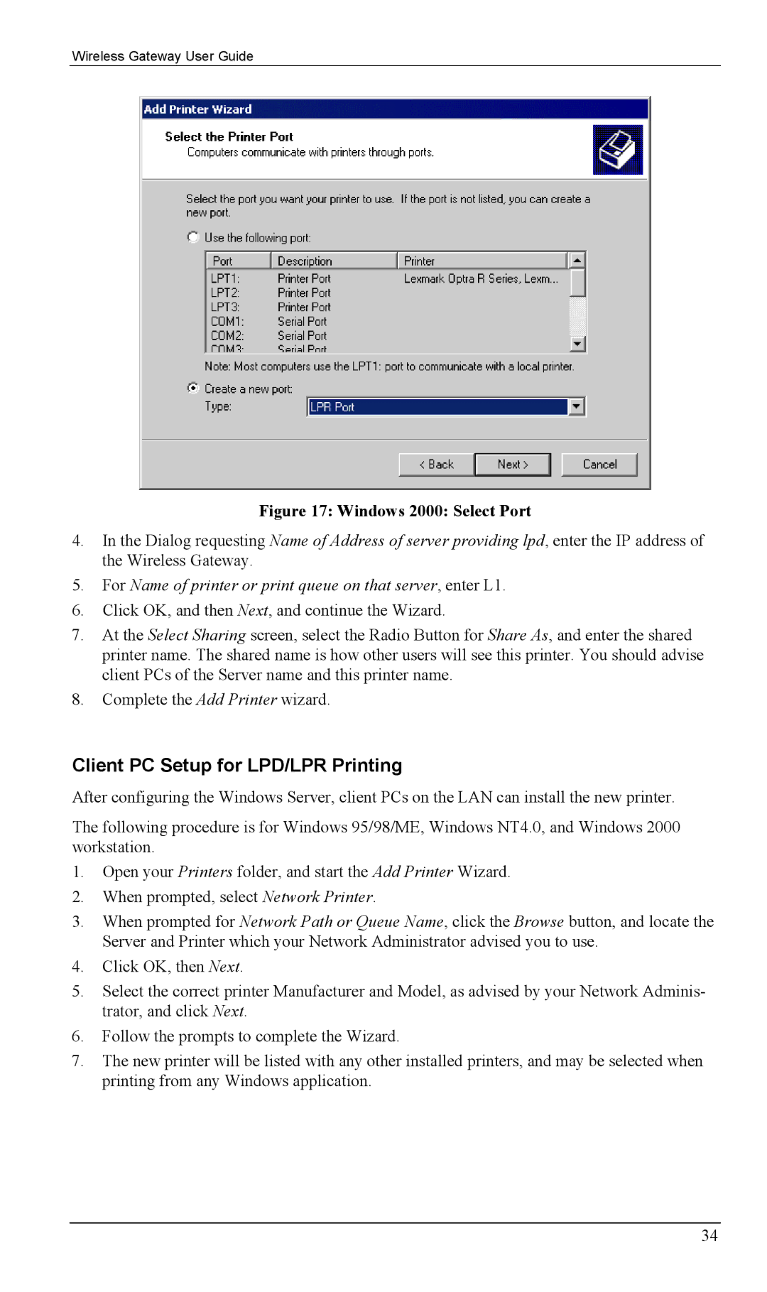 Milan Technology MIL-W0311, MIL-W1311 manual Client PC Setup for LPD/LPR Printing, Windows 2000 Select Port 