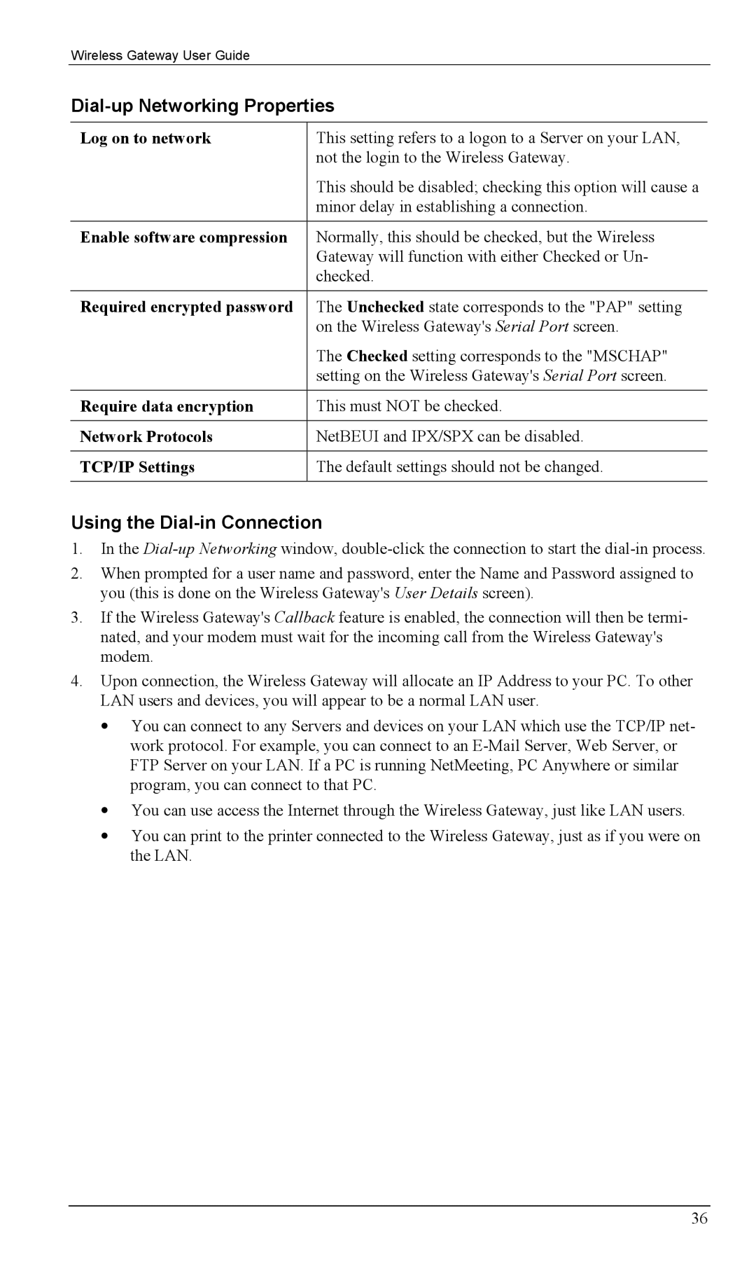 Milan Technology MIL-W0311, MIL-W1311 manual Dial-up Networking Properties, Using the Dial-in Connection 