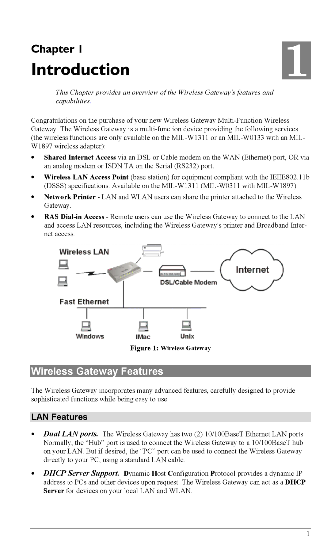 Milan Technology MIL-W1311, MIL-W0311 manual Introduction, Wireless Gateway Features, LAN Features 