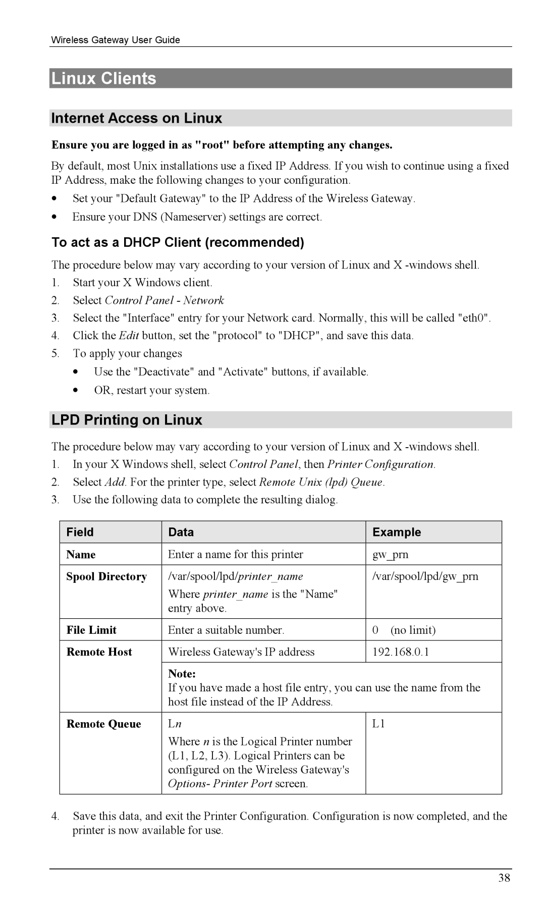 Milan Technology MIL-W0311, MIL-W1311 Linux Clients, Internet Access on Linux, LPD Printing on Linux, Field Data Example 