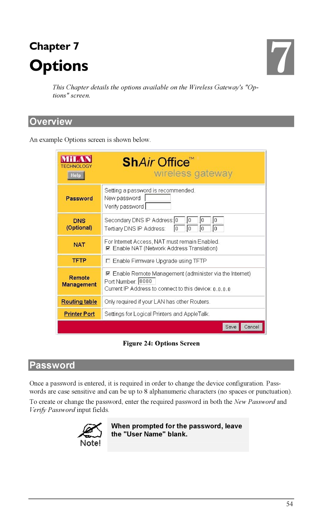 Milan Technology MIL-W0311, MIL-W1311 manual Options, Password, When prompted for the password, leave the User Name blank 