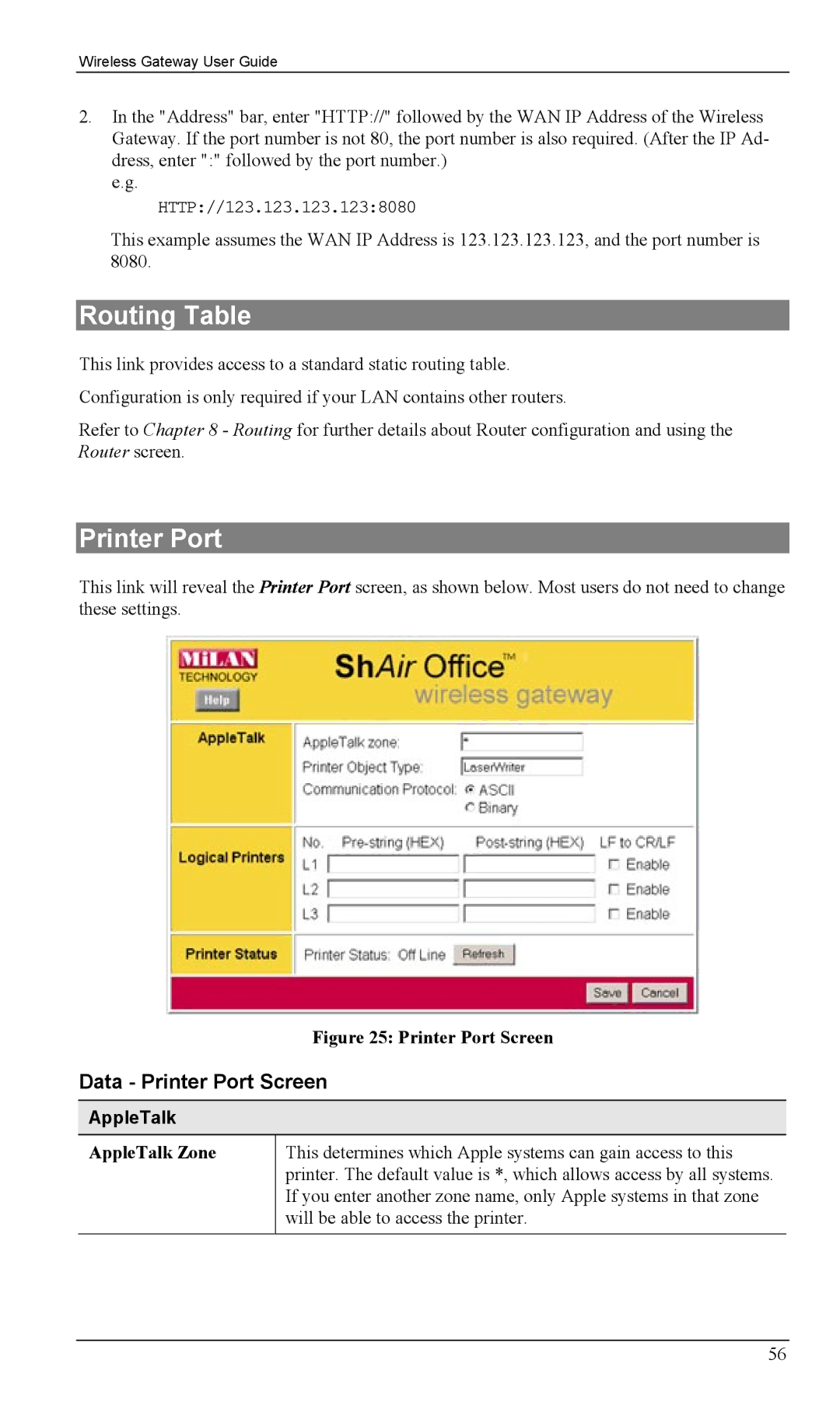 Milan Technology MIL-W0311, MIL-W1311 manual Routing Table, Data Printer Port Screen, AppleTalk Zone 