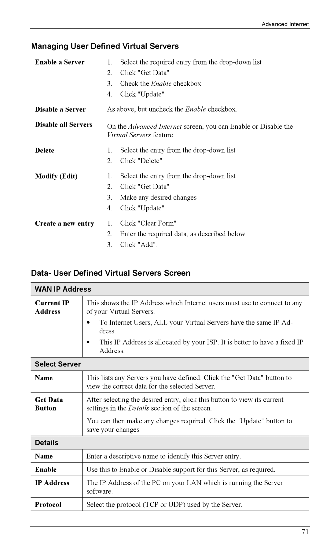 Milan Technology MIL-W1311 Managing User Defined Virtual Servers, Data- User Defined Virtual Servers Screen, Select Server 