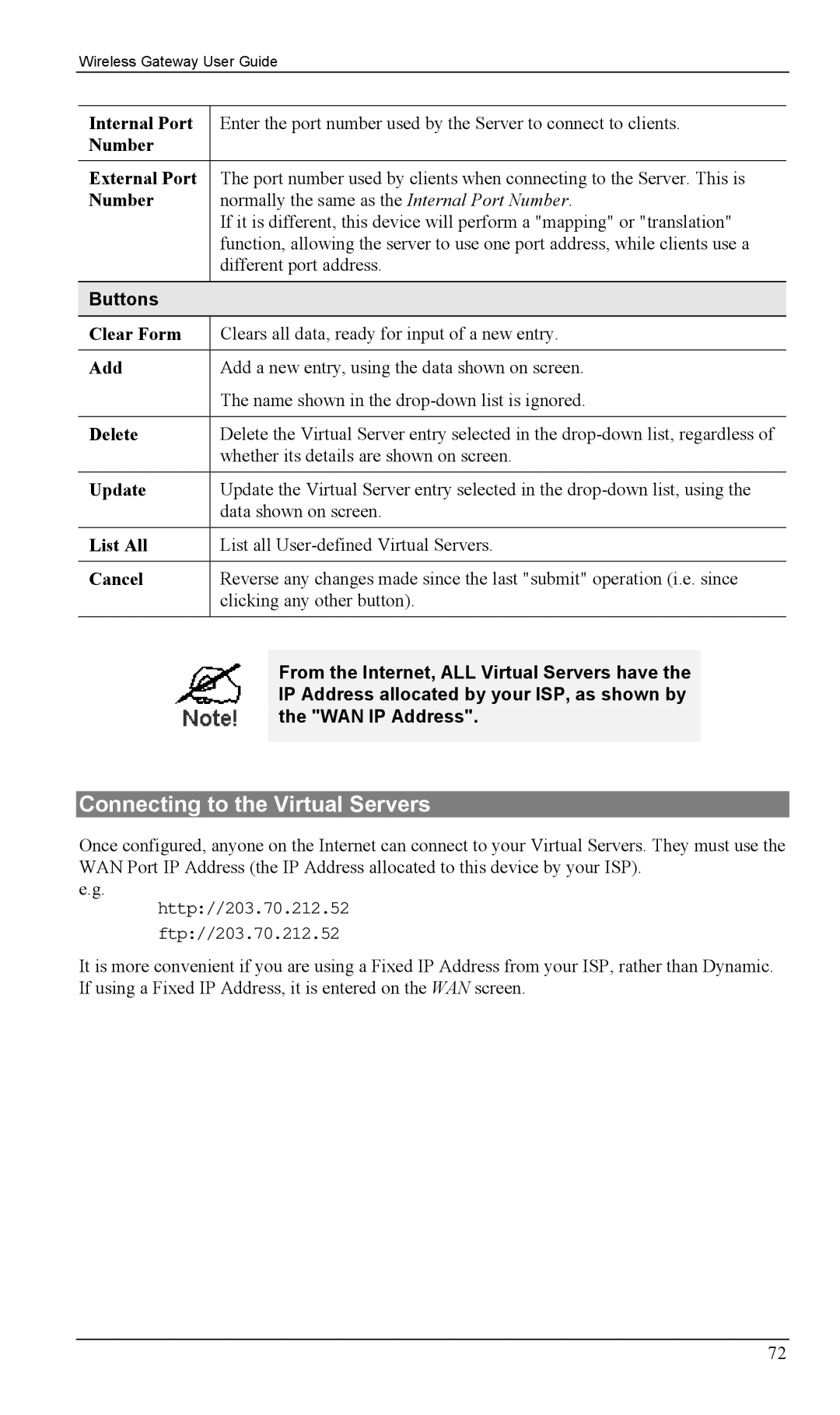 Milan Technology MIL-W0311, MIL-W1311 manual Connecting to the Virtual Servers, Internal Port, Number External Port 