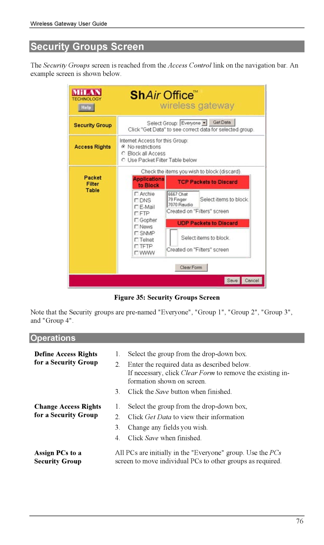 Milan Technology MIL-W0311, MIL-W1311 manual Security Groups Screen, Operations 