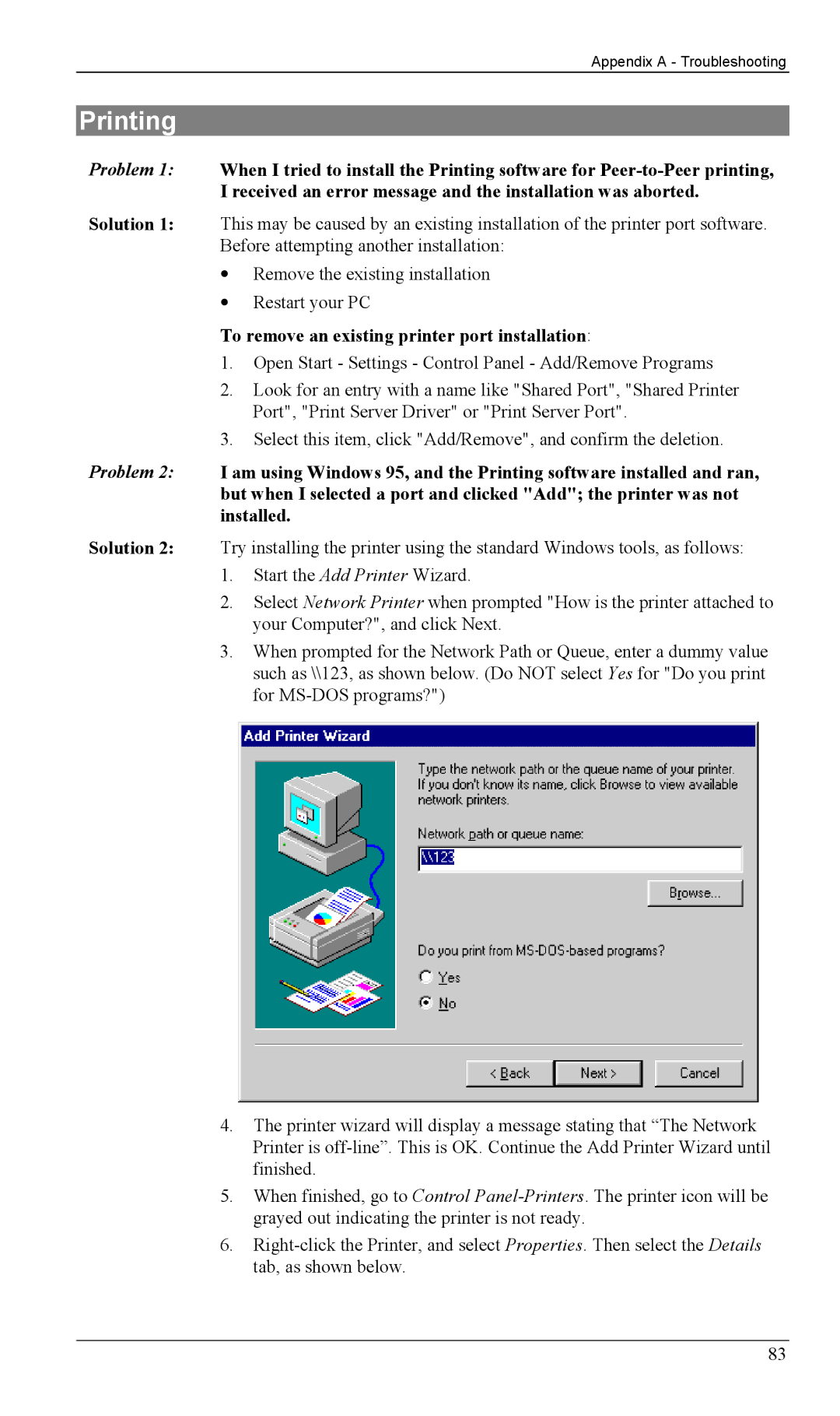 Milan Technology MIL-W1311, MIL-W0311 manual Printing, To remove an existing printer port installation 