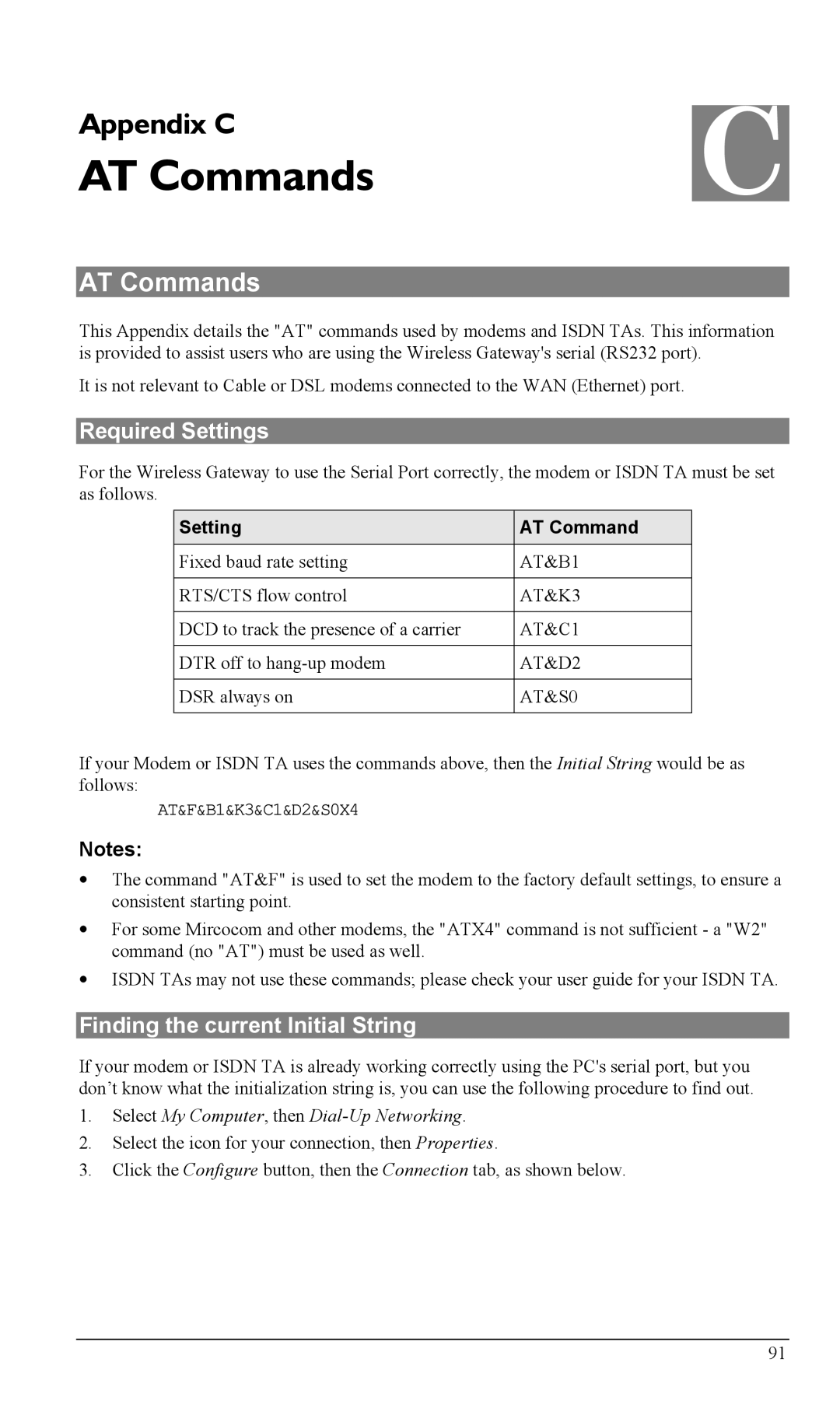 Milan Technology MIL-W1311 manual AT Commands, Required Settings, Finding the current Initial String, Setting AT Command 