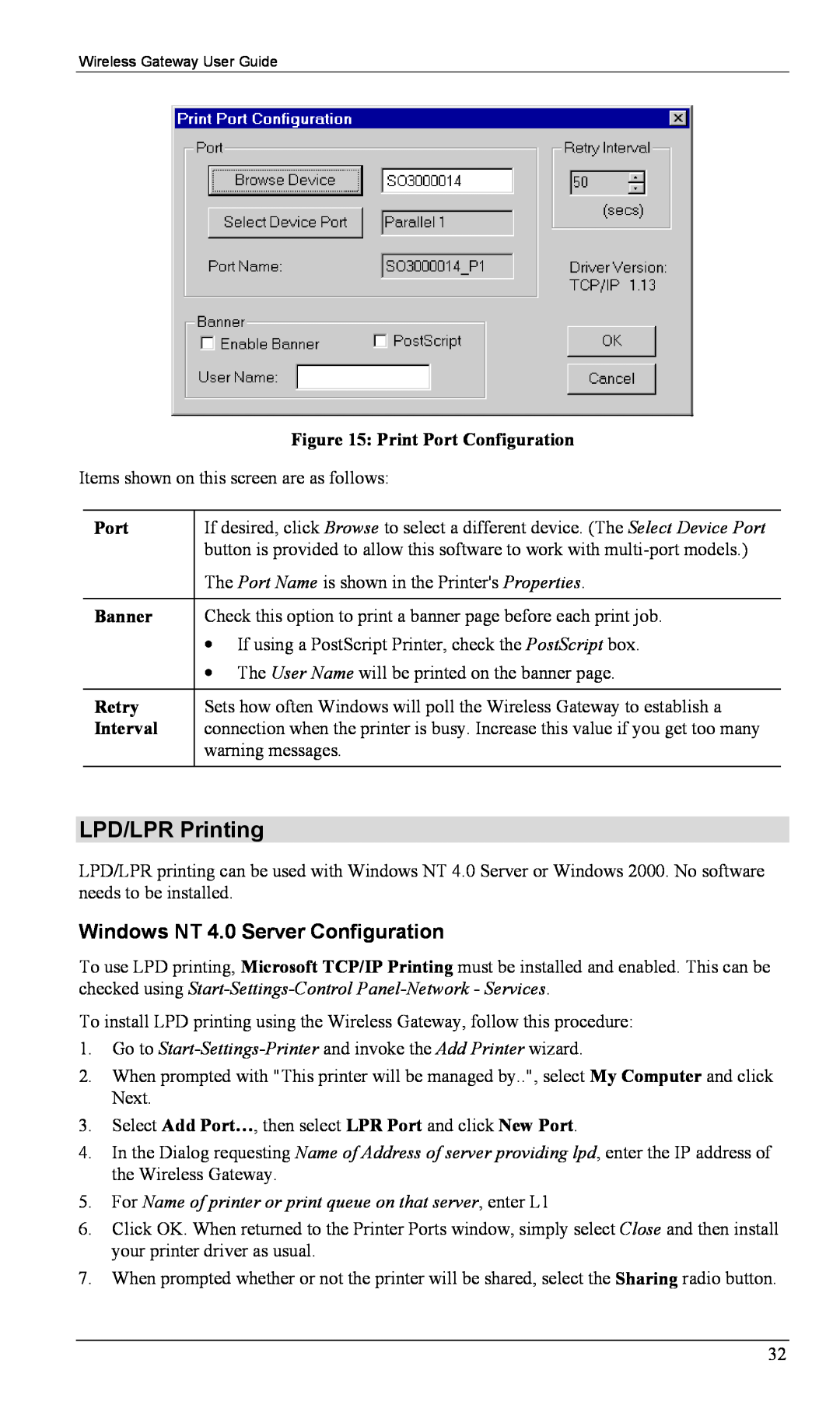 Milan Technology MIL-W0311, MIL-W1311 manual LPD/LPR Printing, Windows NT 4.0 Server Configuration 