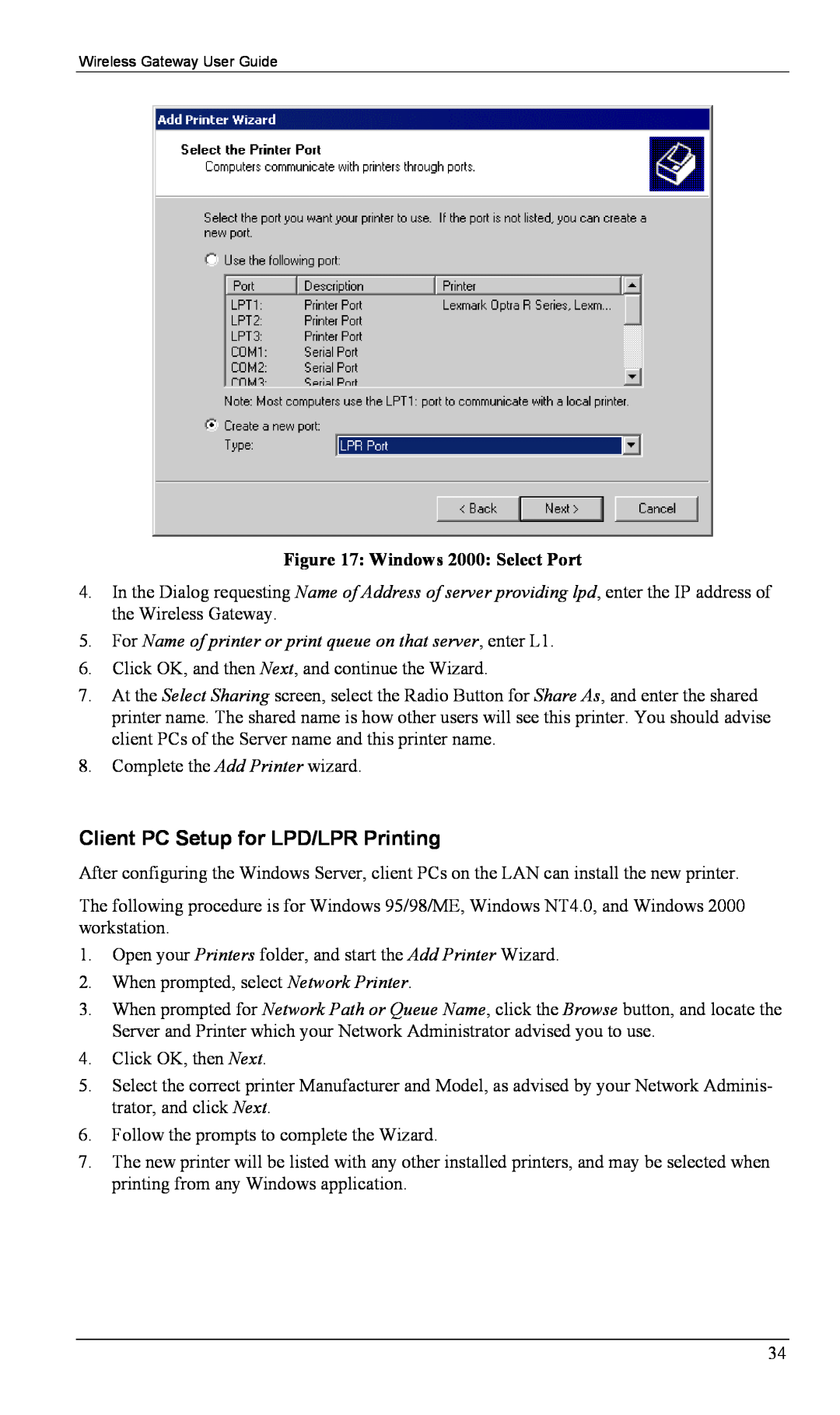 Milan Technology MIL-W0311, MIL-W1311 manual Client PC Setup for LPD/LPR Printing, Windows 2000 Select Port 