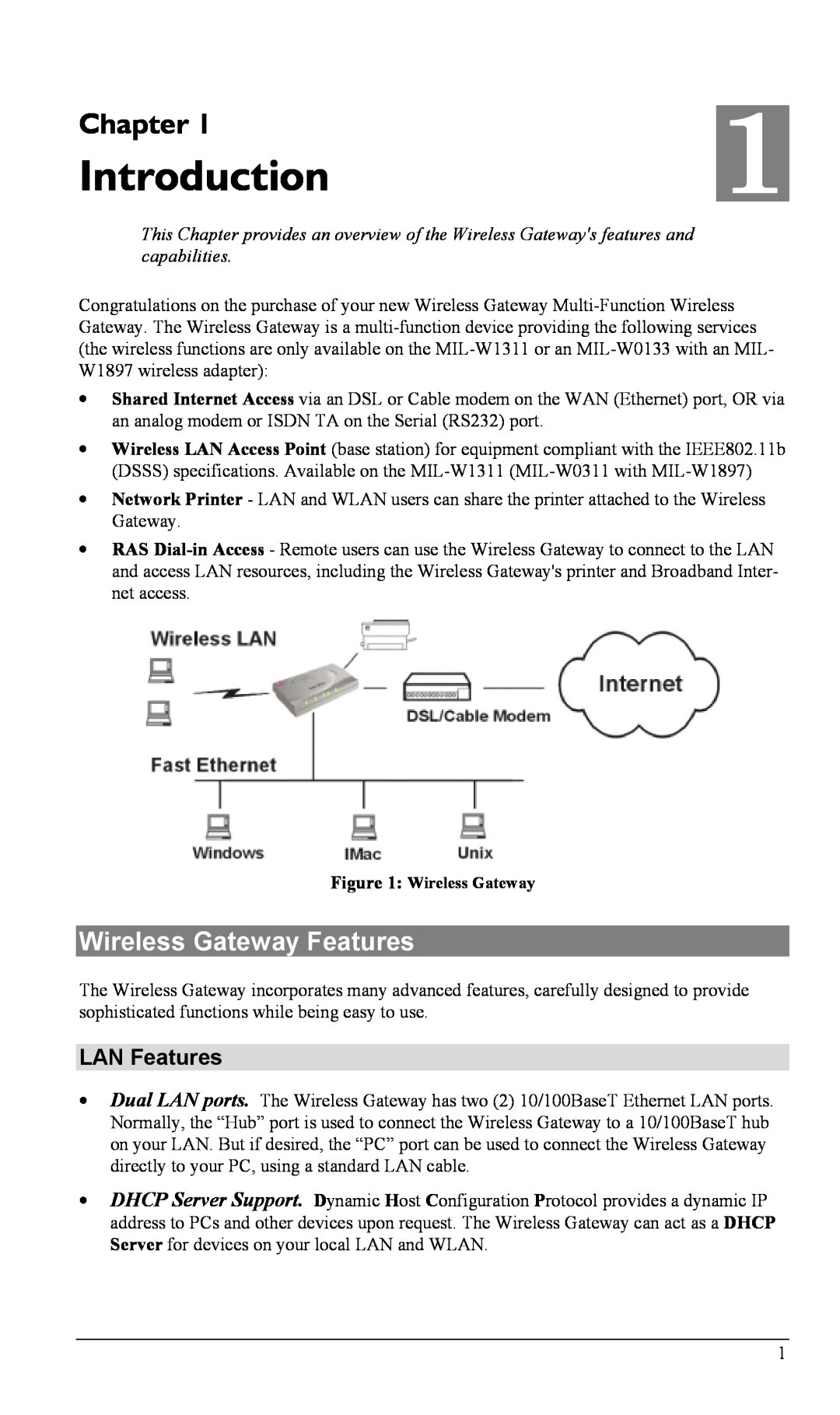 Milan Technology MIL-W1311, MIL-W0311 manual Introduction, Chapter, Wireless Gateway Features, LAN Features 