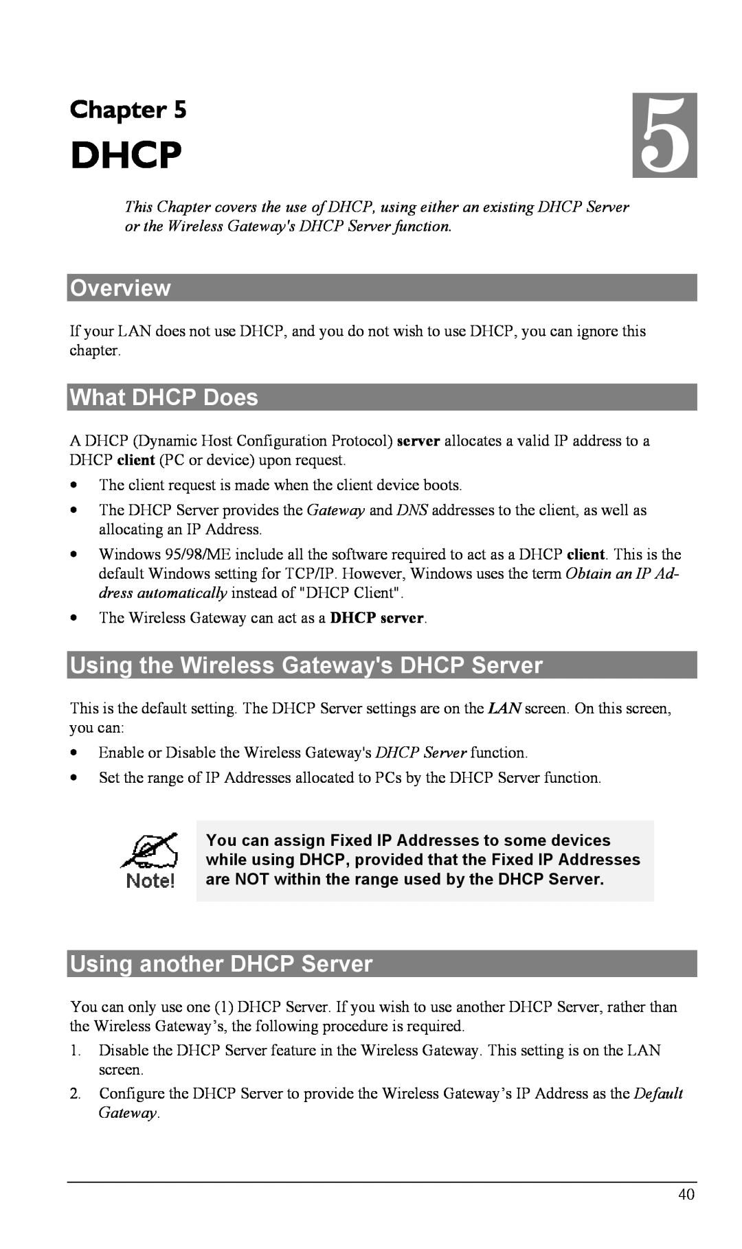 Milan Technology MIL-W0311 manual Dhcp, What DHCP Does, Using the Wireless Gateways DHCP Server, Using another DHCP Server 