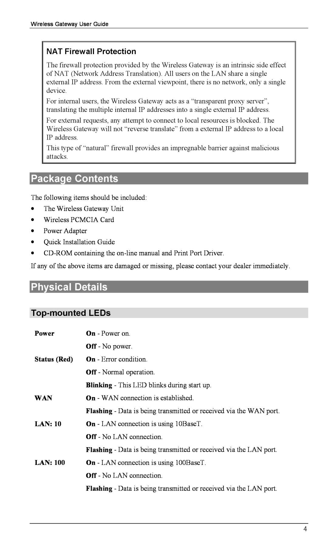 Milan Technology MIL-W0311, MIL-W1311 manual Package Contents, Physical Details, Top-mounted LEDs, NAT Firewall Protection 