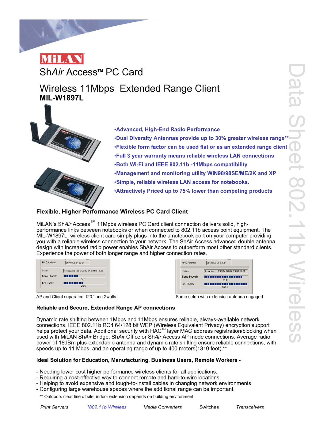 Milan Technology MIL-W1897L warranty Data Sheet 802.11b Wireless, Flexible, Higher Performance Wireless PC Card Client 