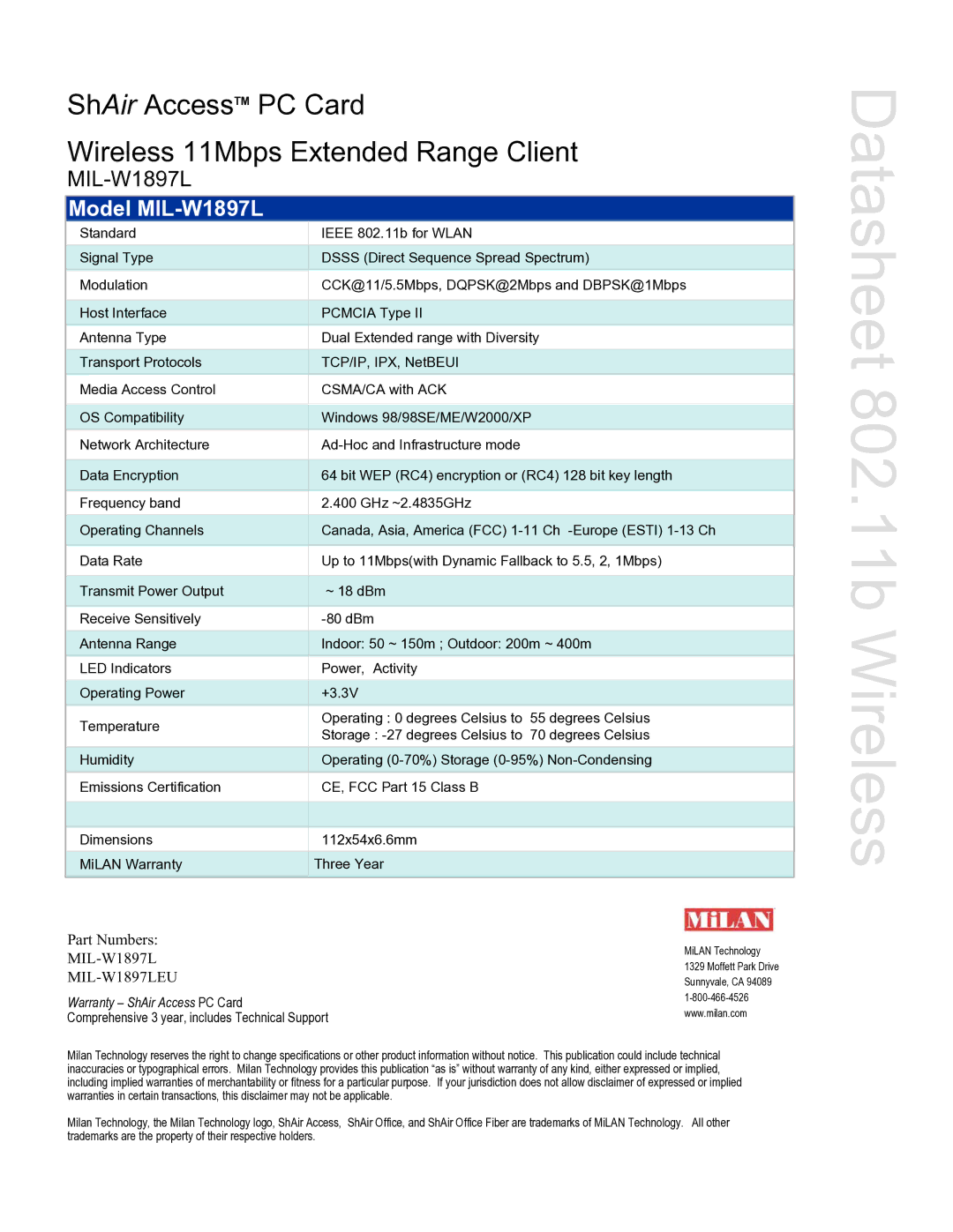 Milan Technology warranty Datasheet 802.11b Wireless, Model MIL-W1897L, MIL-W1897LEU, Warranty ShAir Access PC Card 