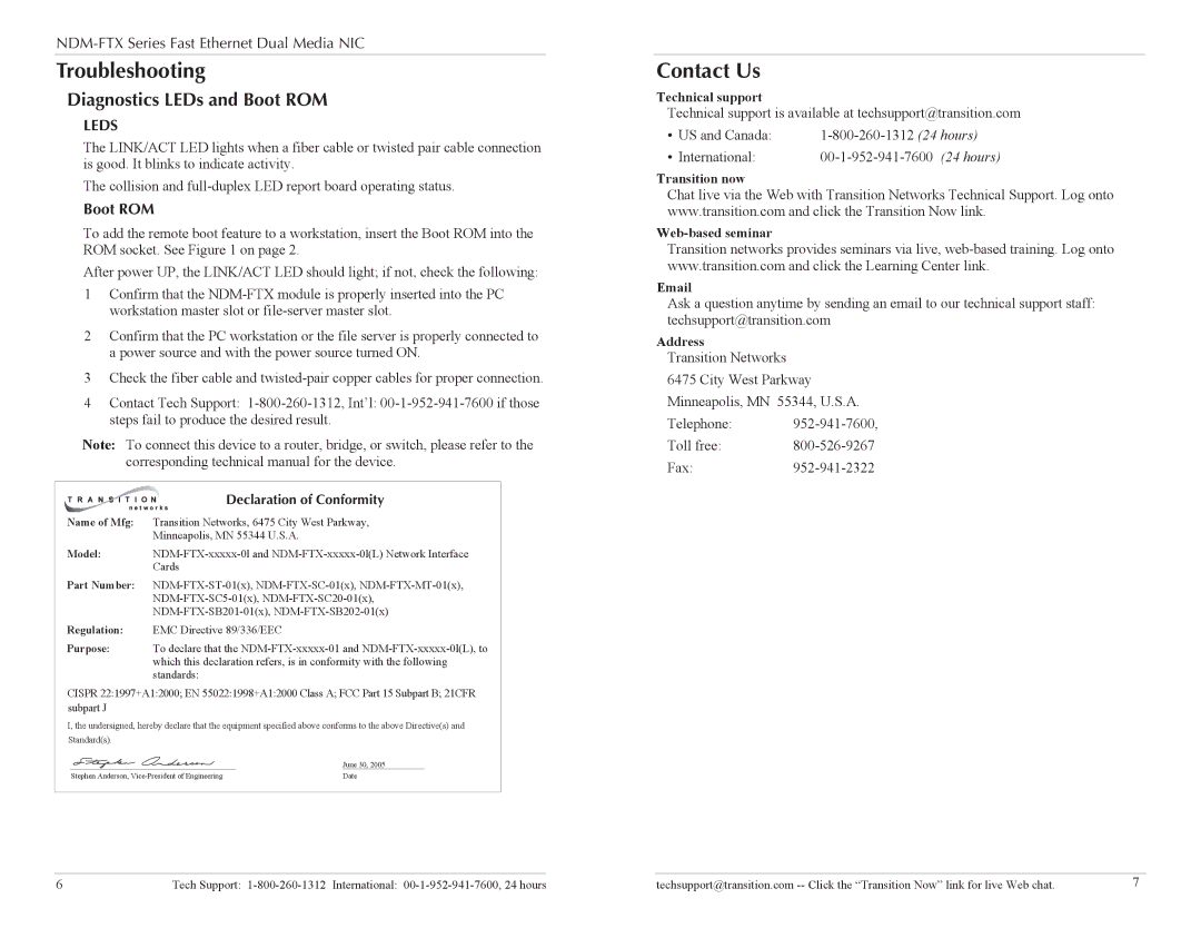 Milan Technology NDM-FTX-XX-01 specifications Troubleshooting, Contact Us, Diagnostics LEDs and Boot ROM 