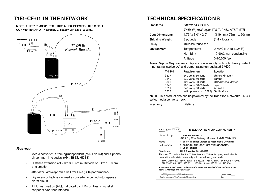 Milan Technology T1E1-CF-01(SE), T1E1-CF-01(LH) T1E1-CF-01 in the Network, Features, Tn Pn, Declaration of Conformity 