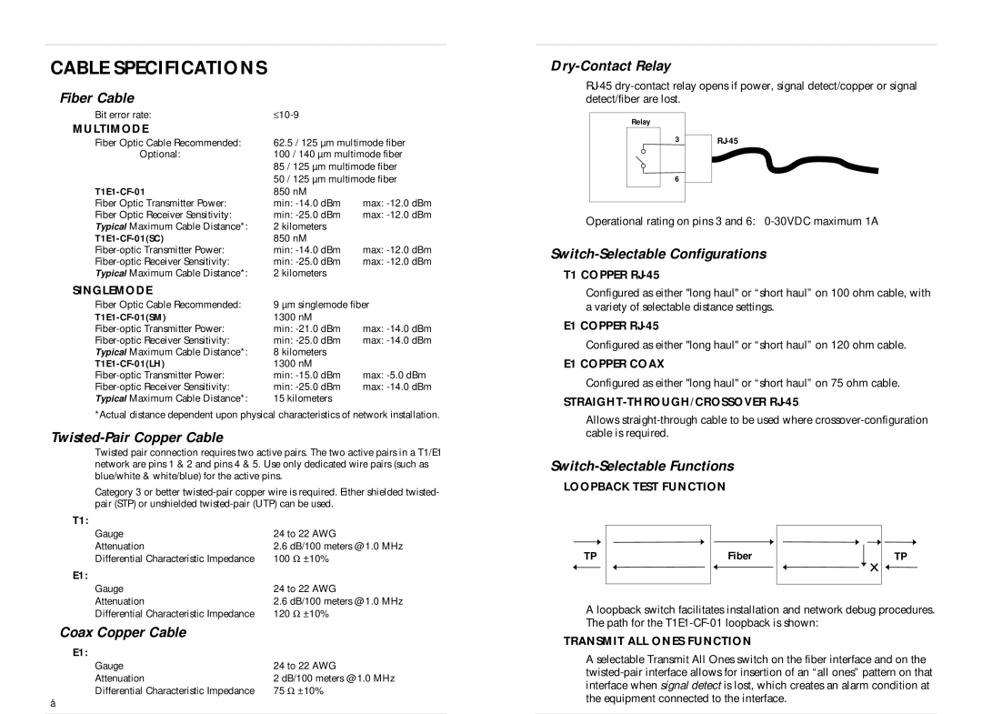 Milan Technology T1E1-CF-01(LH), T1E1-CF-01(SM), T1E1-CF-01(SE) instruction manual Cable Specifications 