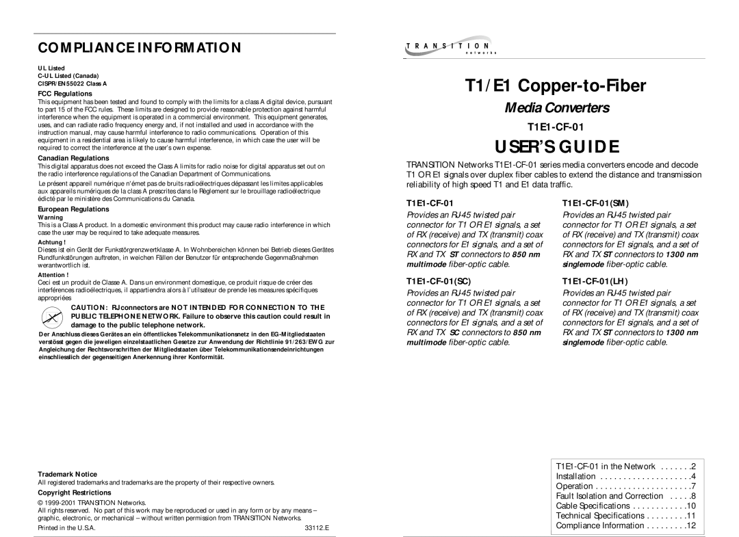 Milan Technology T1E1-CF-01(SM) instruction manual Compliance Information, T1/E1 Copper-to-Fiber, User’S Guide 