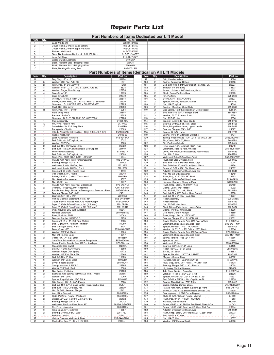 Millennium Enterprises A1 service manual Repair Parts List, Part Numbers of Items Dedicated per Lift Model 