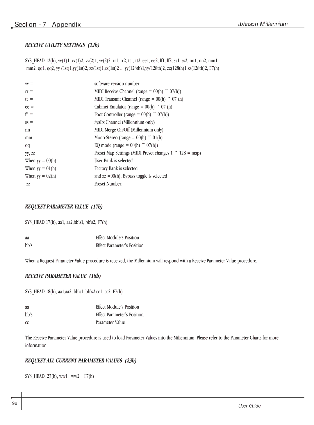 Millennium Enterprises Integrated Modeling Amplifier manual Vv = Software version number Rr =, Tt =, Bbs, Parameter Value 