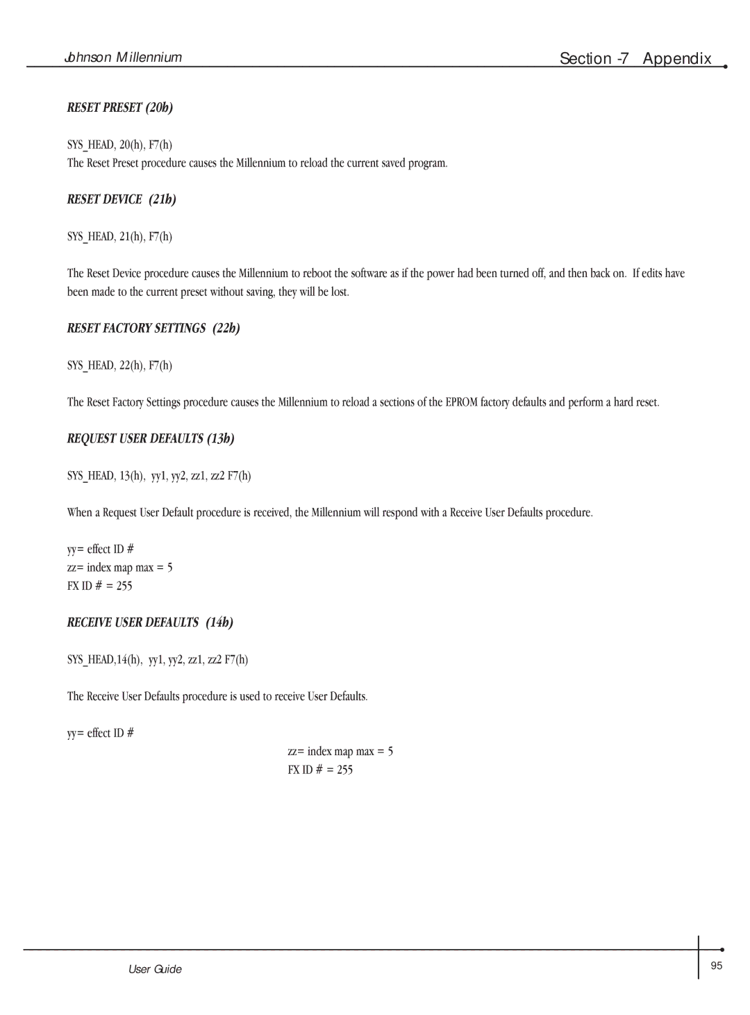 Millennium Enterprises Integrated Modeling Amplifier manual SYSHEAD, 21h, F7h, SYSHEAD, 22h, F7h, Yy= effect ID # 