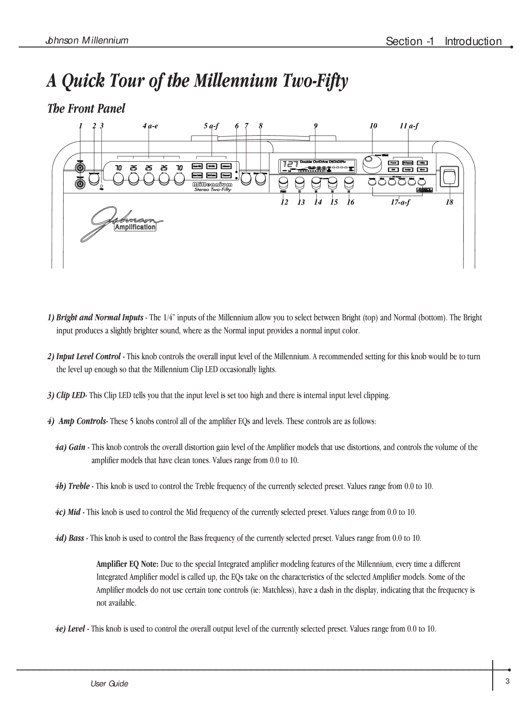 Millennium Enterprises Integrated Modeling Amplifier manual Quick Tour of the Millennium Two-Fifty, Front Panel 