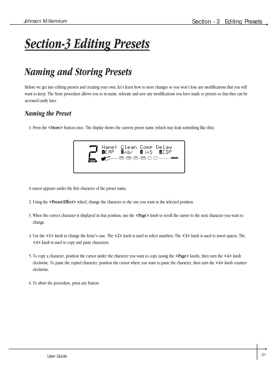 Millennium Enterprises Integrated Modeling Amplifier manual Naming and Storing Presets, Naming the Preset 