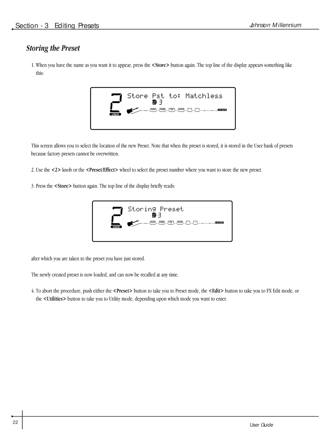 Millennium Enterprises Integrated Modeling Amplifier manual Storing the Preset 