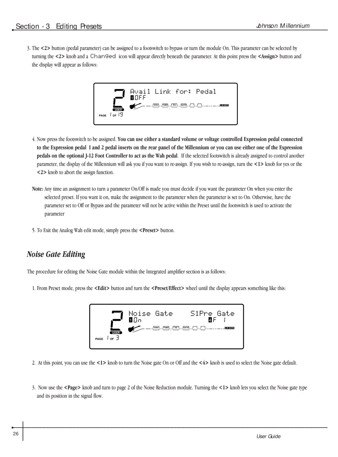 Millennium Enterprises Integrated Modeling Amplifier manual Noise Gate Editing, Avail Link for Pedal 1 OFF 