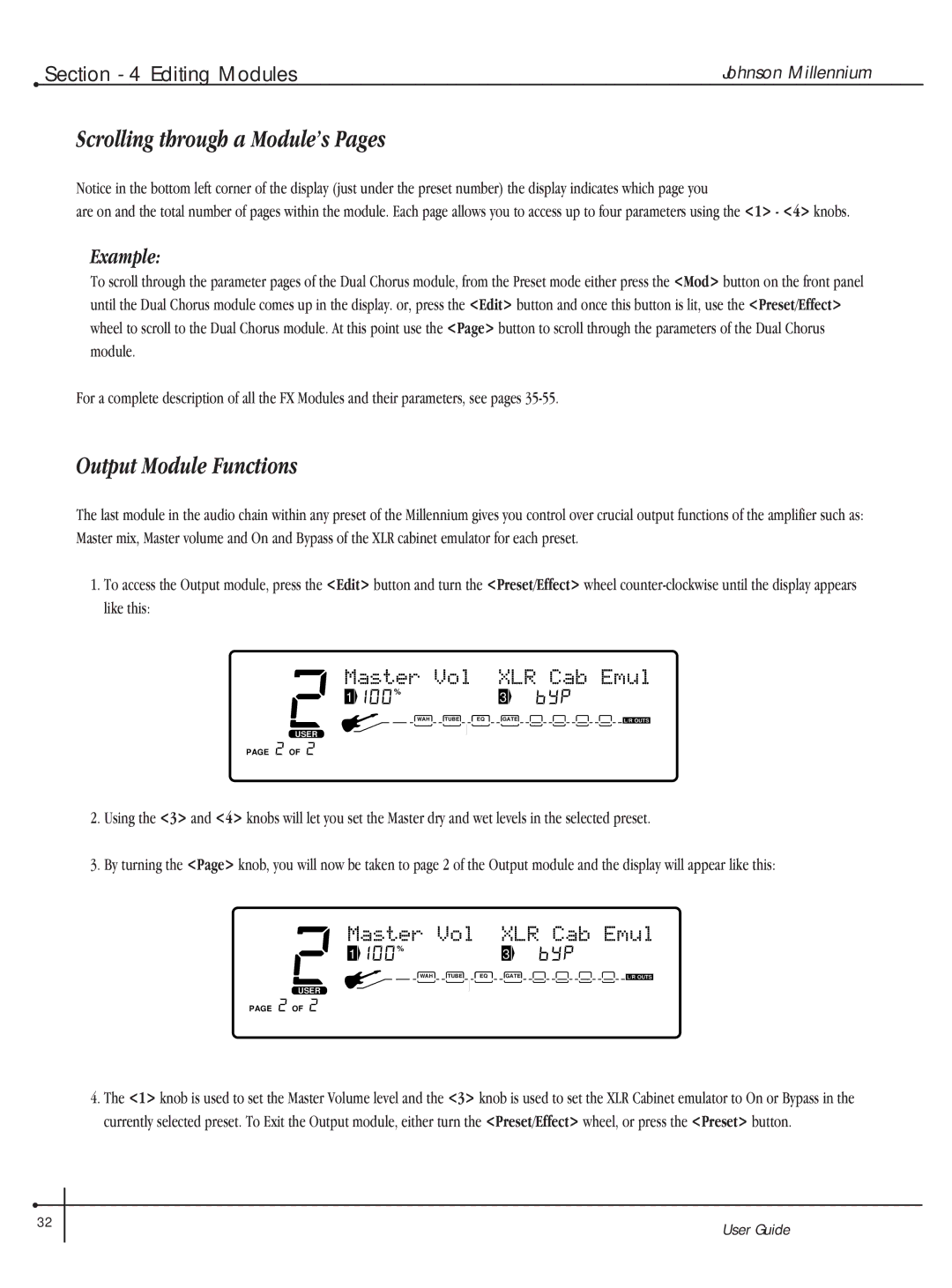 Millennium Enterprises Integrated Modeling Amplifier manual Scrolling through a Module’s Pages, Output Module Functions 