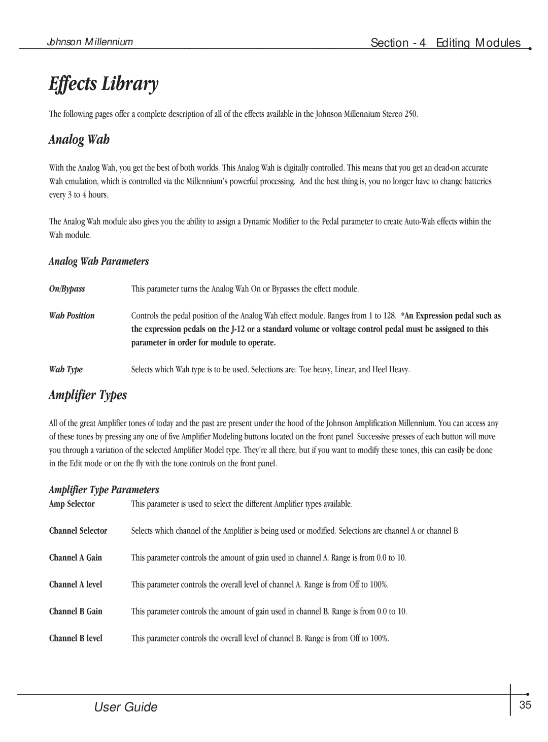 Millennium Enterprises Integrated Modeling Amplifier manual Effects Library, Amplifier Types, Analog Wah Parameters 