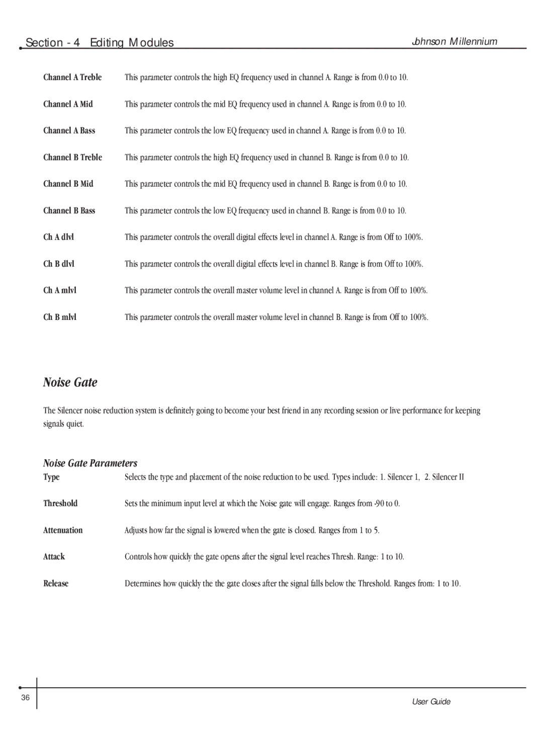 Millennium Enterprises Integrated Modeling Amplifier manual Noise Gate Parameters 