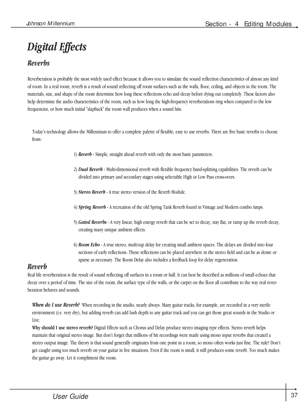 Millennium Enterprises Integrated Modeling Amplifier manual Digital Effects, Reverbs 