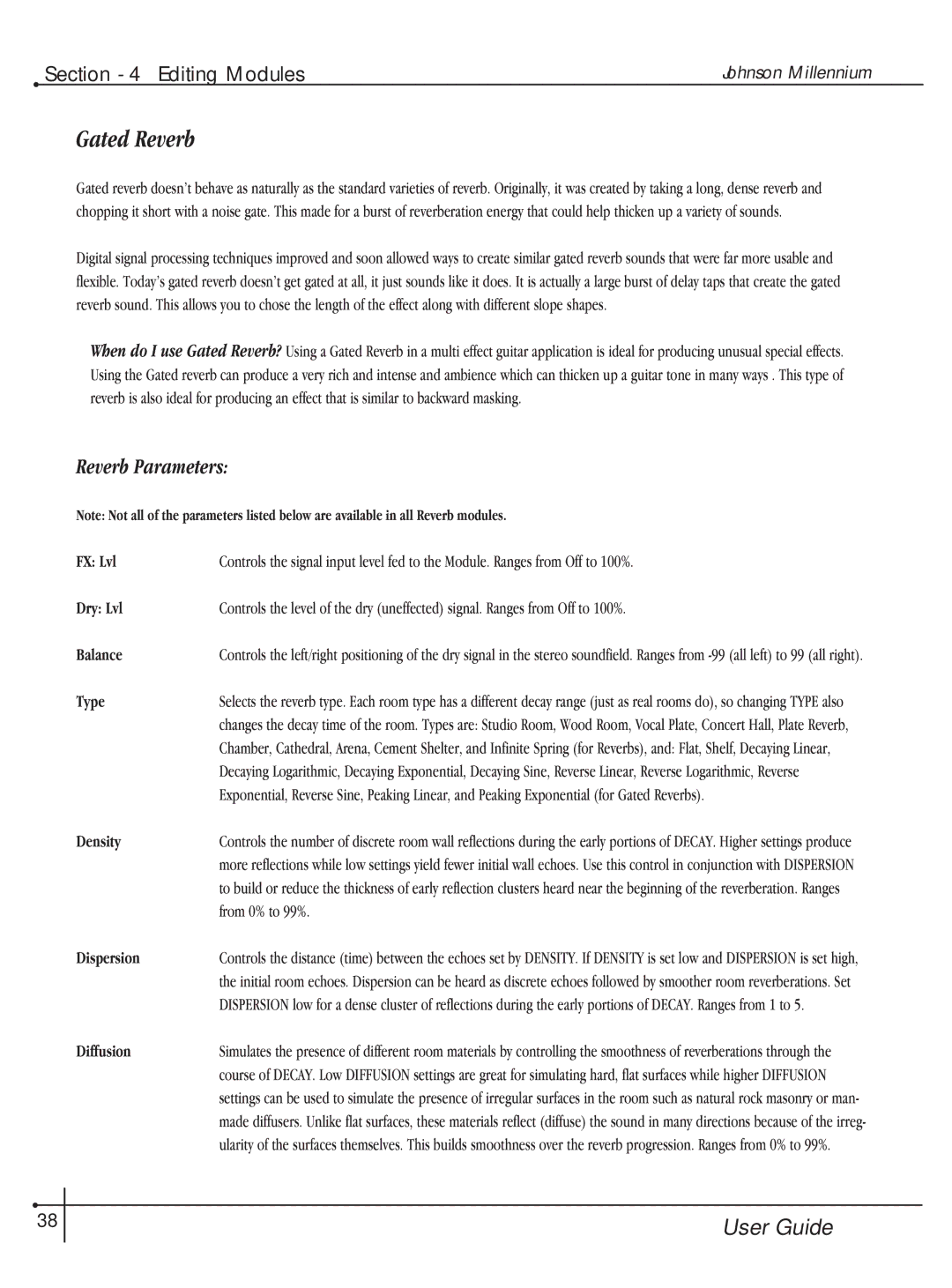 Millennium Enterprises Integrated Modeling Amplifier manual Gated Reverb, Reverb Parameters 