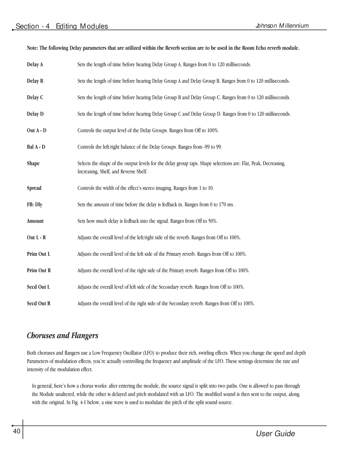 Millennium Enterprises Integrated Modeling Amplifier manual Choruses and Flangers 