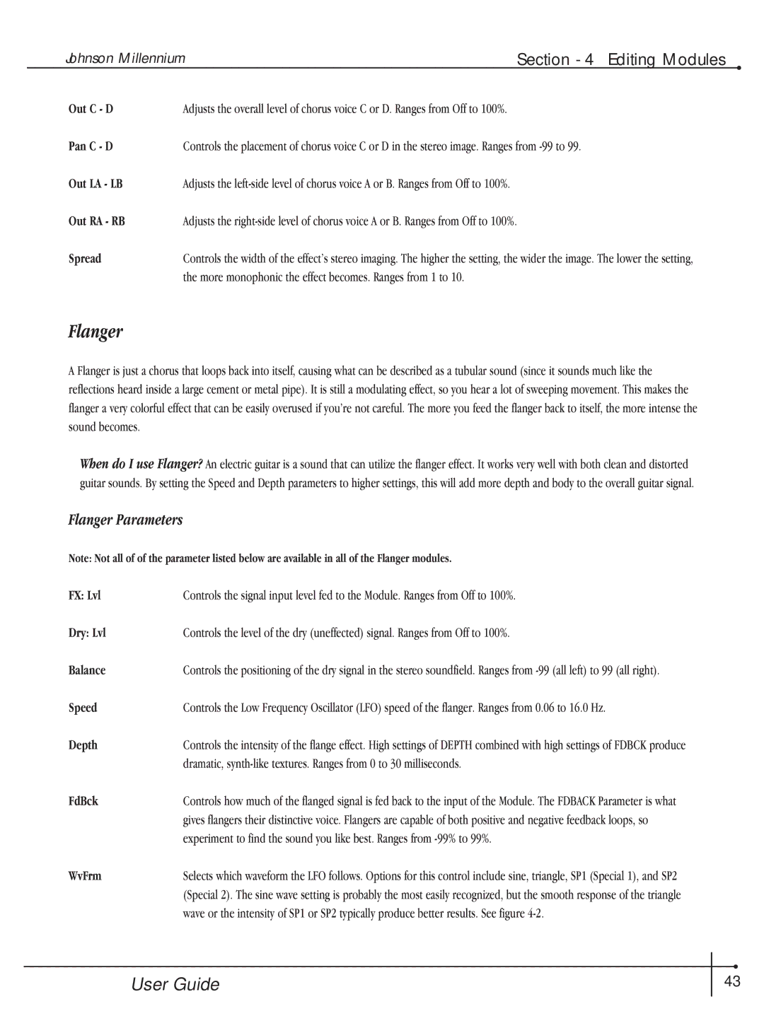 Millennium Enterprises Integrated Modeling Amplifier manual Flanger Parameters 