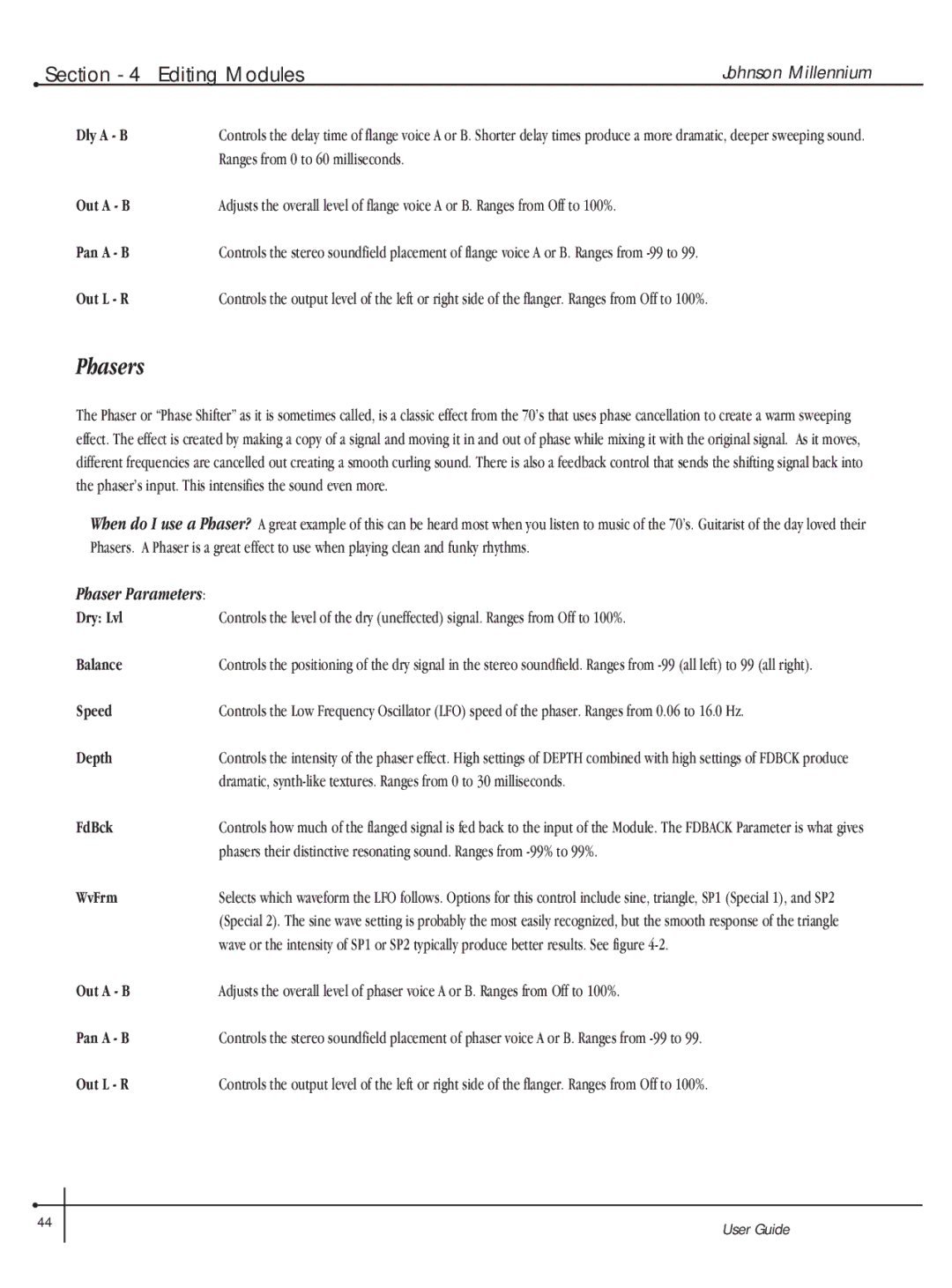 Millennium Enterprises Integrated Modeling Amplifier manual Phasers, Phaser Parameters 