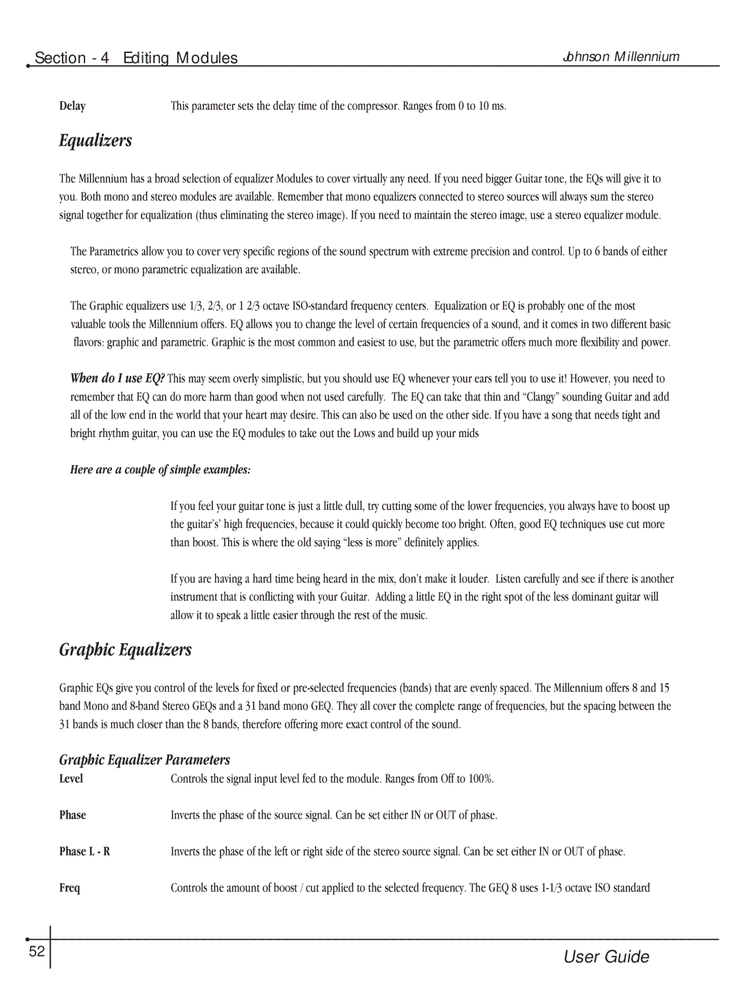 Millennium Enterprises Integrated Modeling Amplifier manual Graphic Equalizers, Graphic Equalizer Parameters 