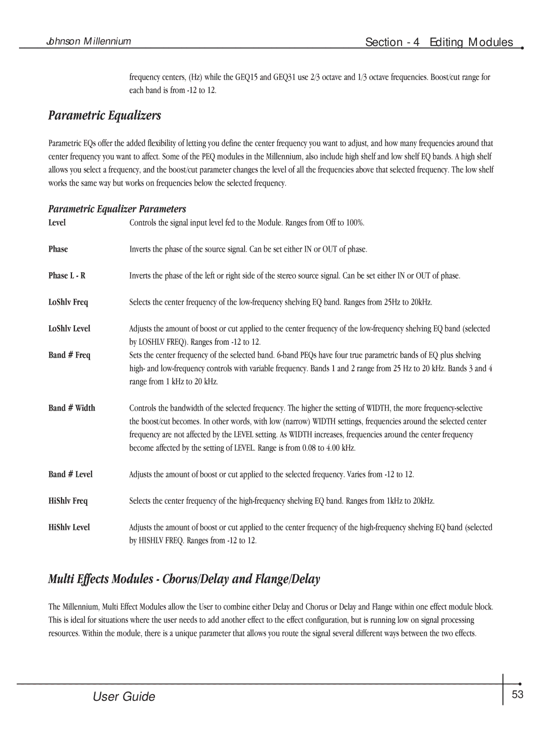 Millennium Enterprises Integrated Modeling Amplifier manual Parametric Equalizers, Parametric Equalizer Parameters 