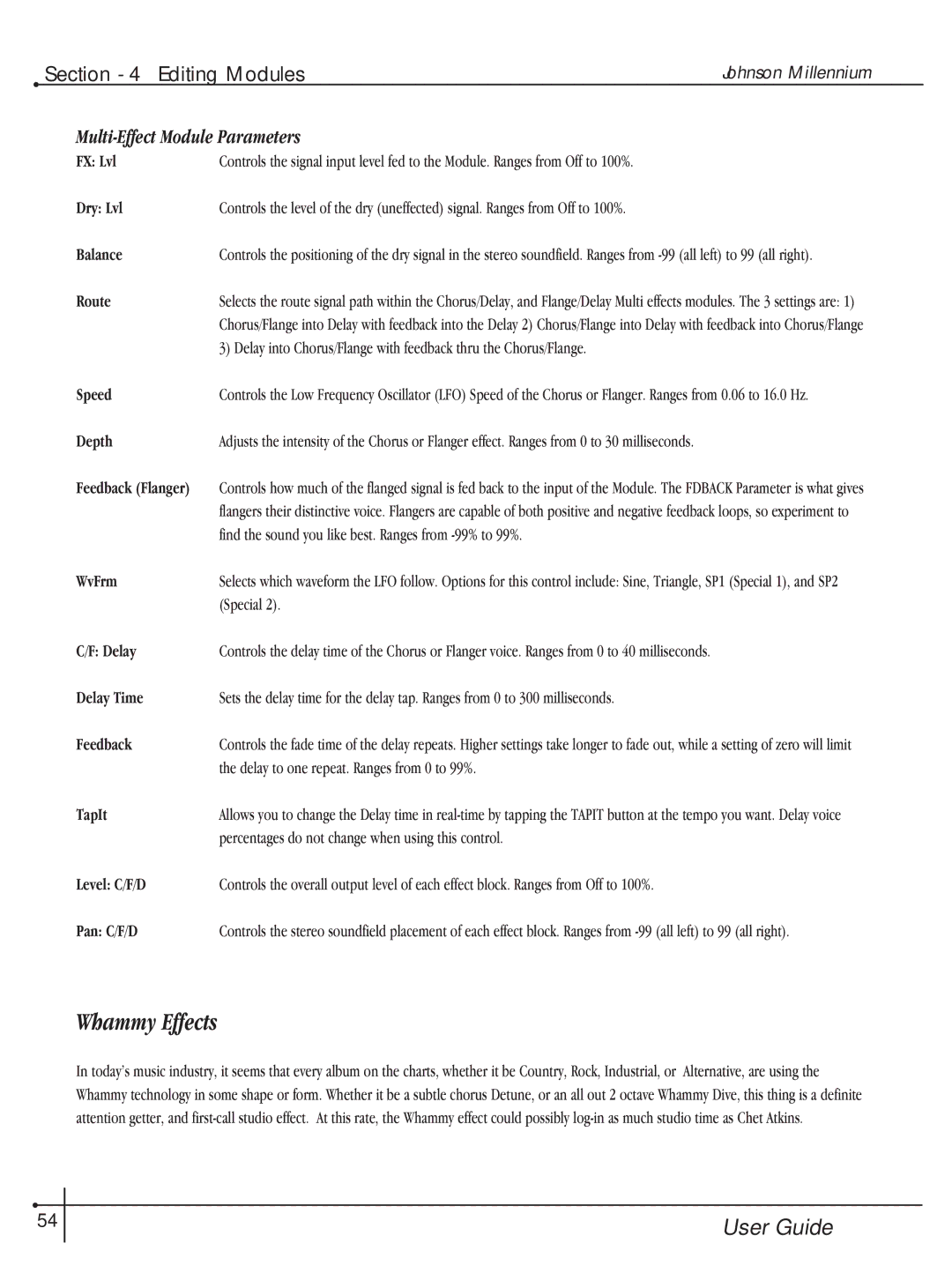 Millennium Enterprises Integrated Modeling Amplifier manual Whammy Effects, Multi-Effect Module Parameters 