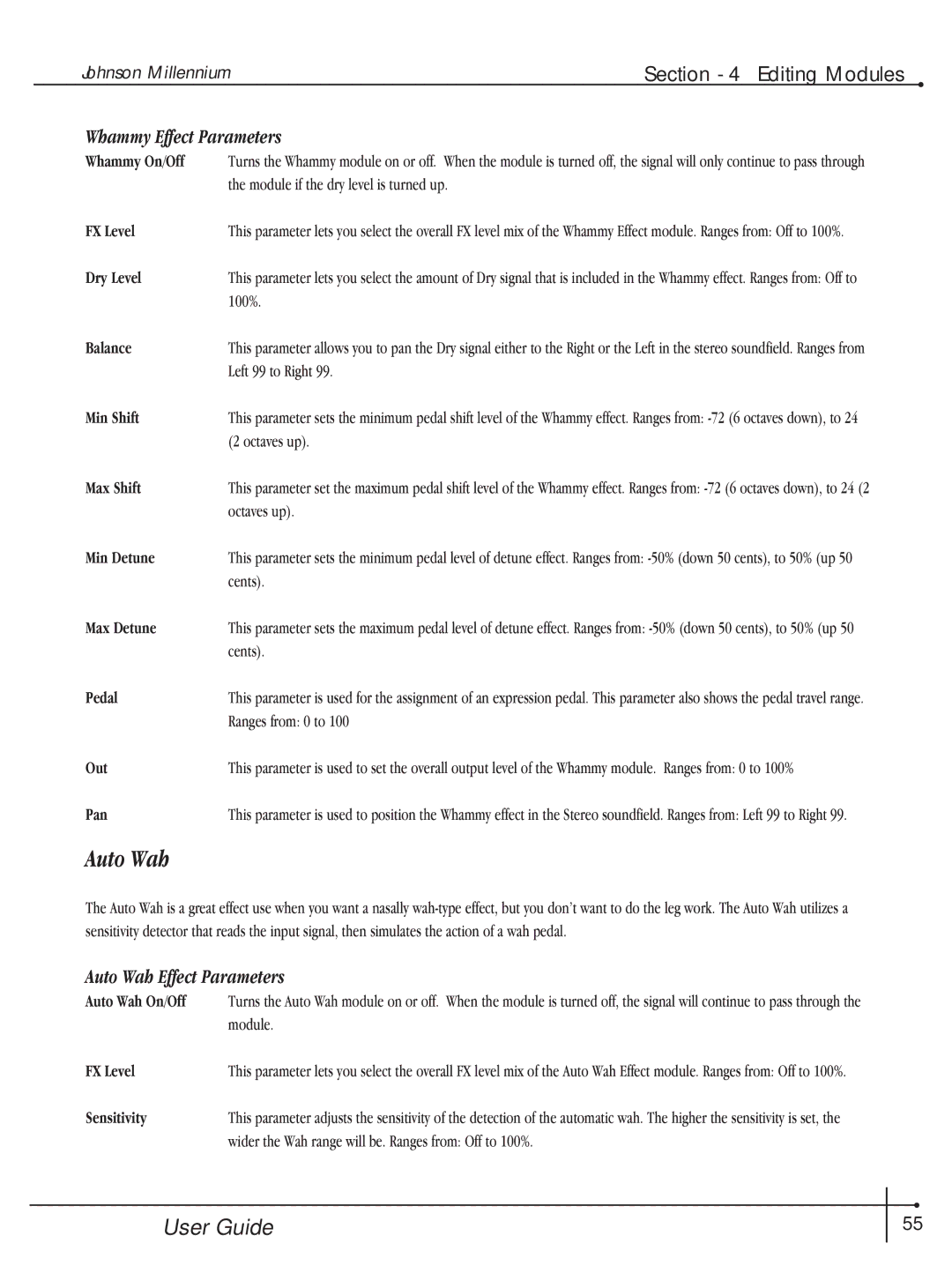 Millennium Enterprises Integrated Modeling Amplifier manual Whammy Effect Parameters, Auto Wah Effect Parameters 